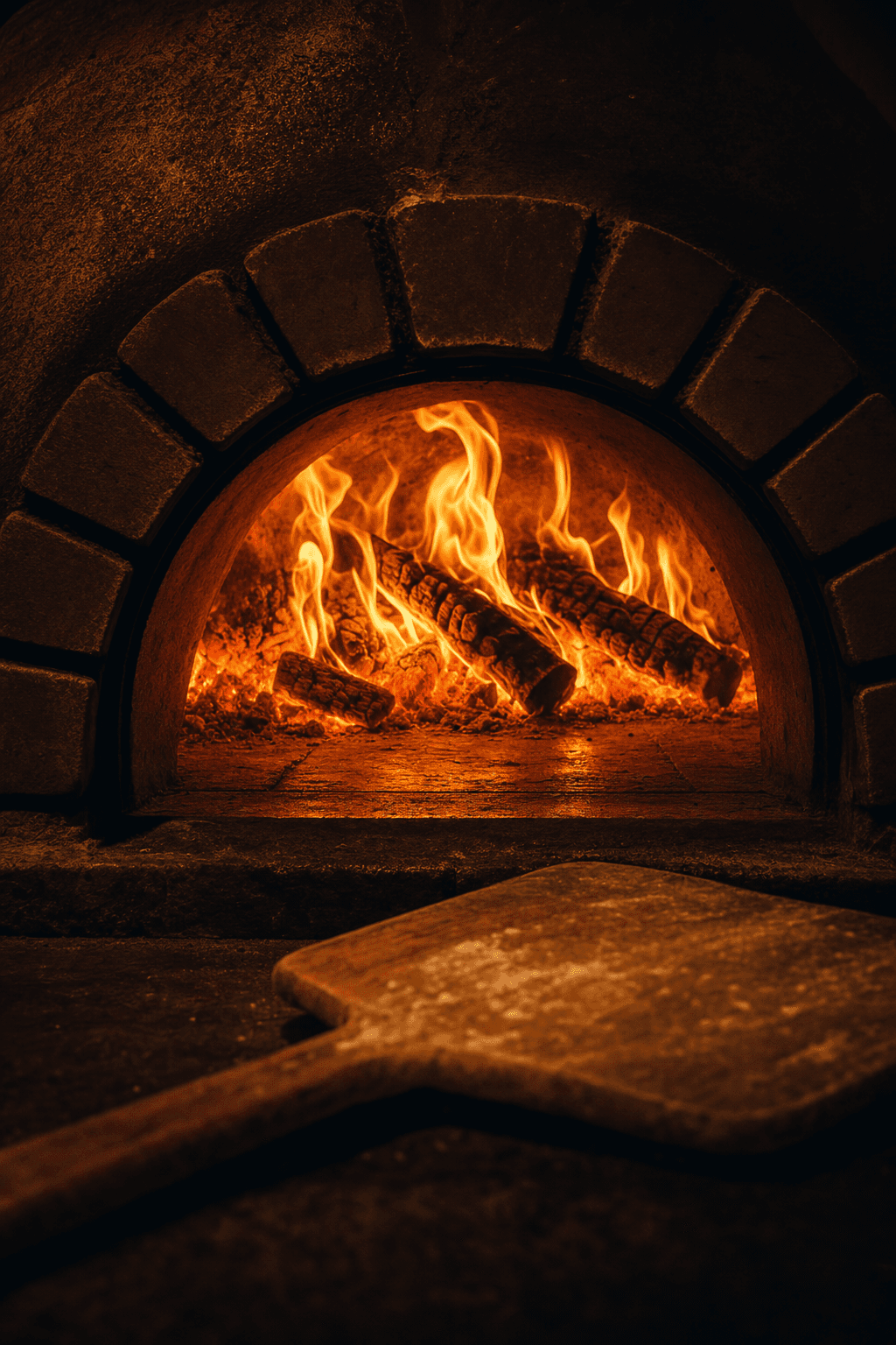Close-up of the glowing wood-fire oven at The Black Oven Pizzeria in Tīrau, flames and embers illuminating the stone hearth with warm amber light.