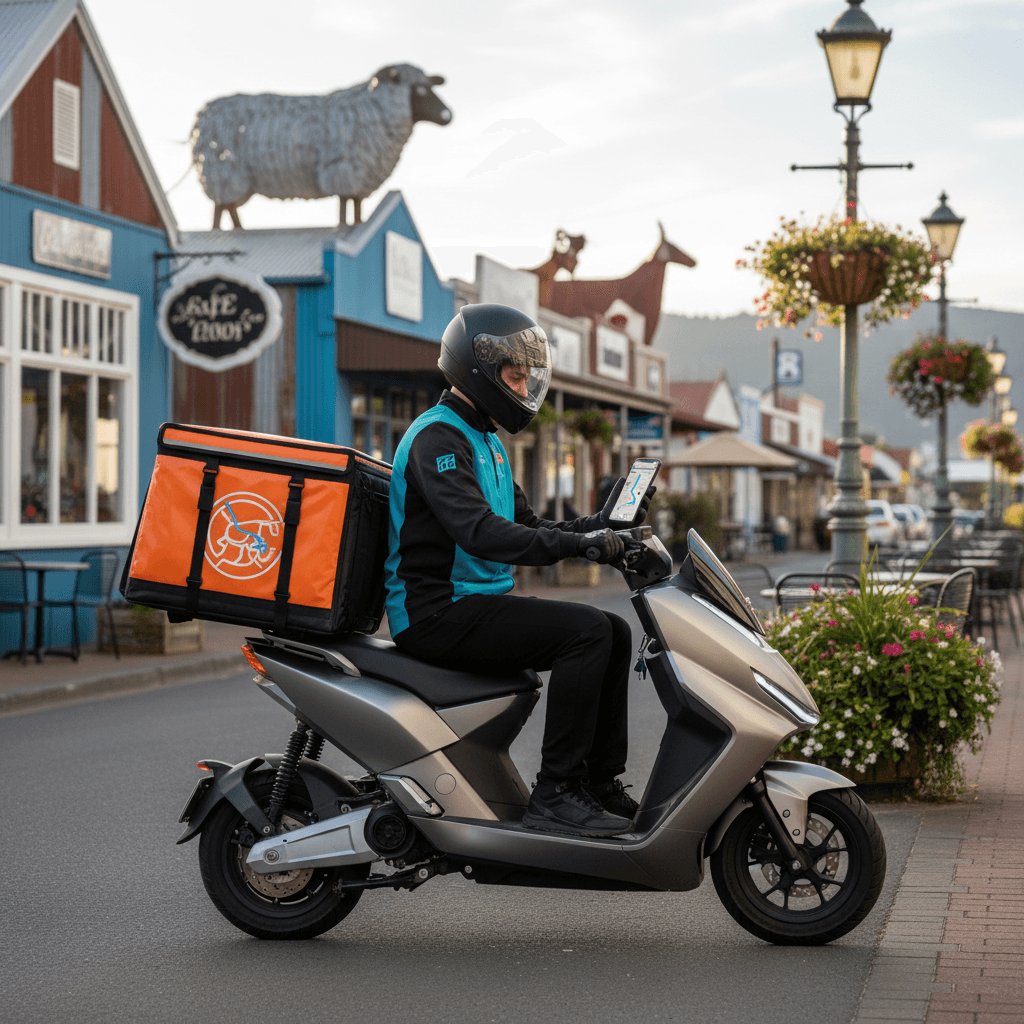 Delivery rider with thermal bag checks phone with route map on Tīrau street, showing efficient service.