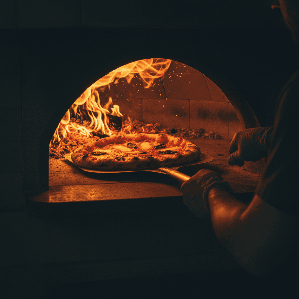 Chef removing a finished pizza from the wood-fired oven