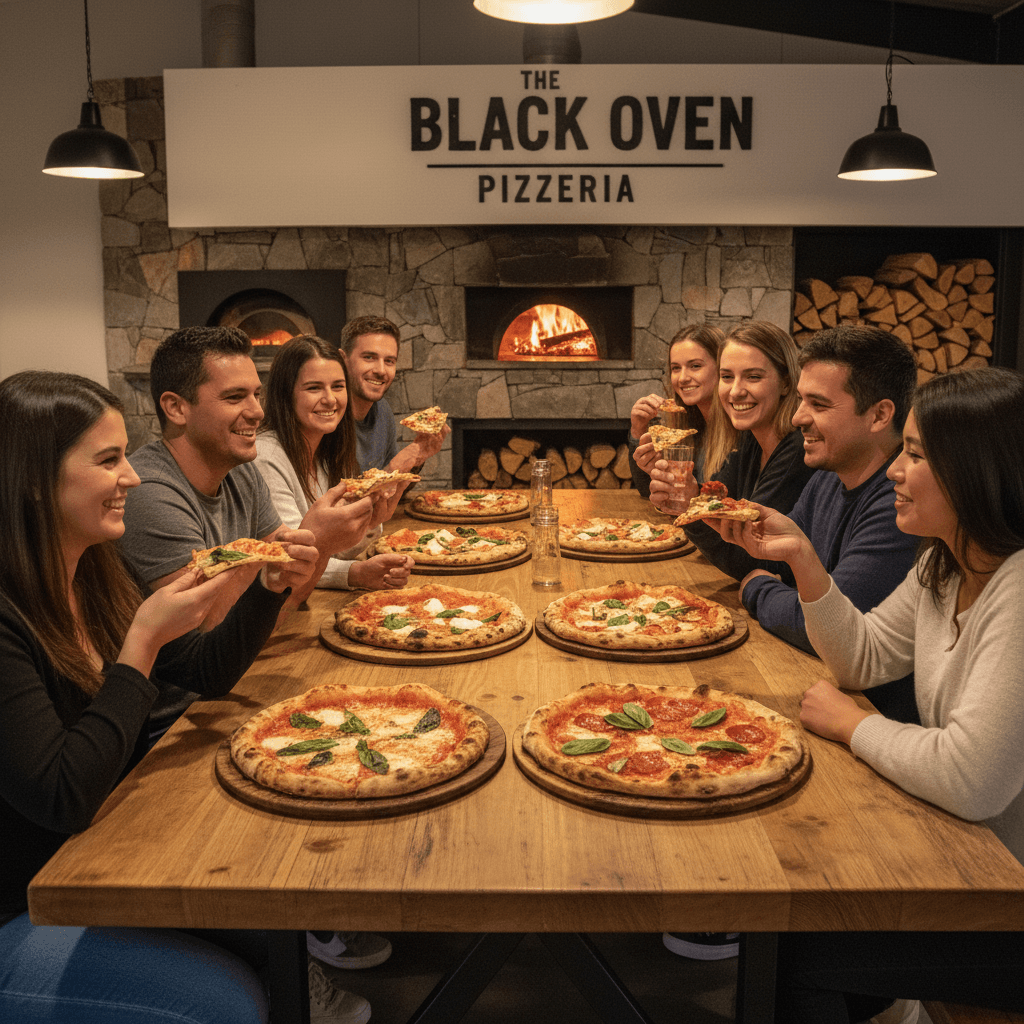 Restaurant interior with customers dining near the wood-fired oven