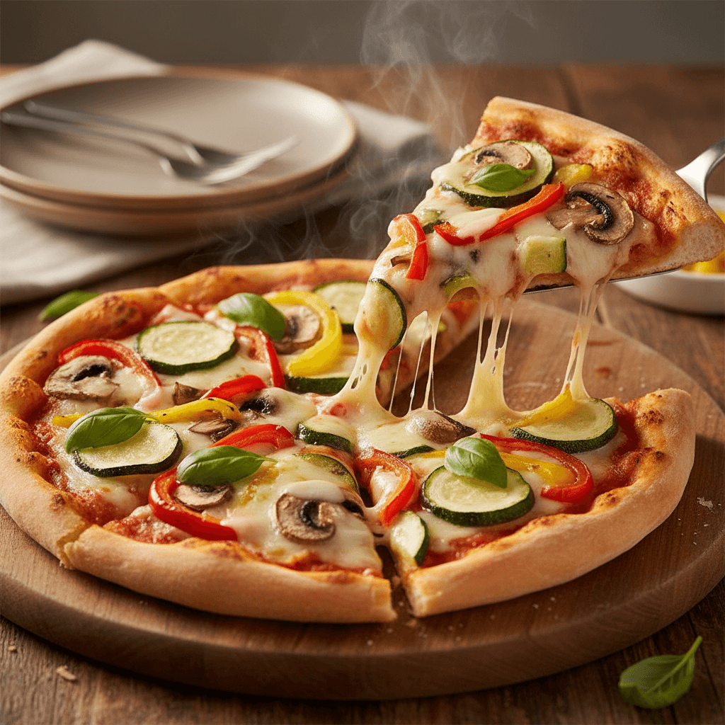 Vegetariana pizza with roasted vegetables and feta