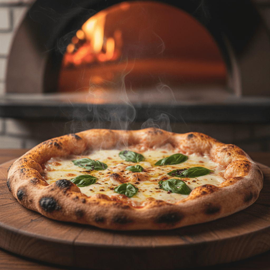 Wood-fired pizza with charred crust and melted cheese on rustic wooden board, warm golden lighting