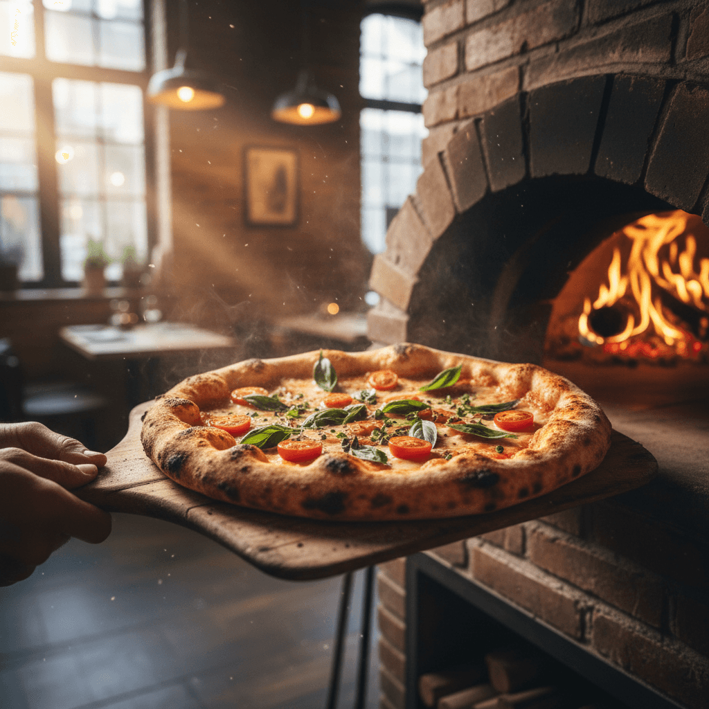 Chef pulling freshly cooked pizza from a traditional wood-fired oven