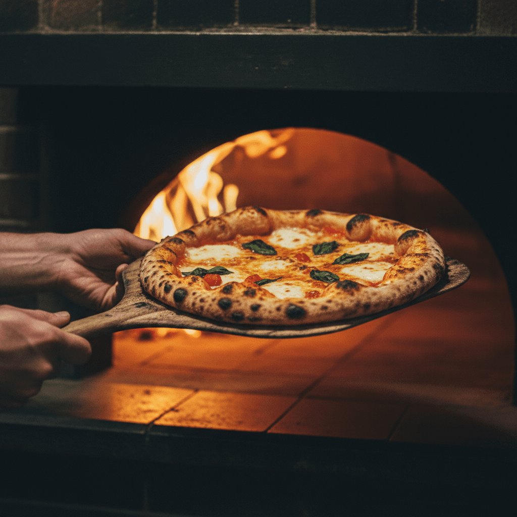 Traditional wood-fired pizza oven glowing with warm light in the evening at The Black Oven Pizzeria