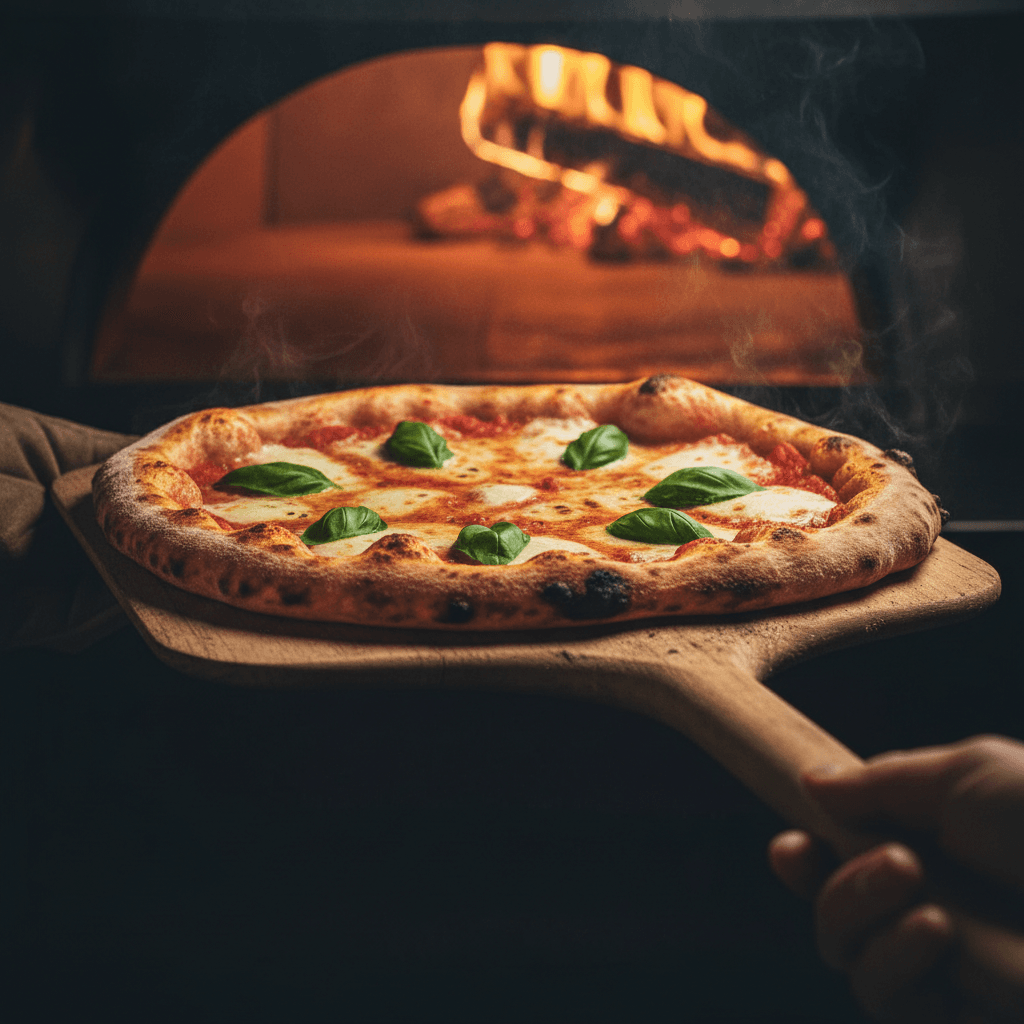 Freshly baked Margherita pizza with golden crust being pulled from wood-fired oven using wooden peel